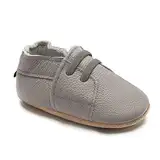 HMIYA Weiche Leder Krabbelschuhe Babyschuhe Lauflernschuhe mit Wildledersohlen für Jungen und Mädchen 0-6 Monate 6-12 Monate 12-18 Monate 18-24 Monate（12-18 Monate，Grau）