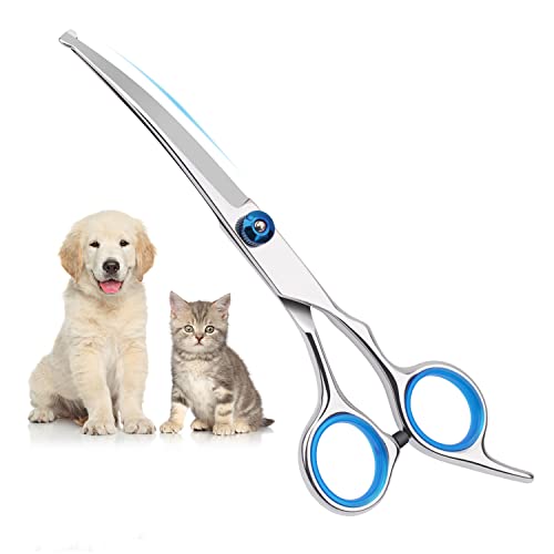 Hunde Scheren, Gebogene Schere Hund Fellschere Für Hunde, Hund und Katze Sicherheit Runde Spitze Grooming Schere, Edelstahl-Fellschere für Hunde und Katzen (Blau Gebogene Schere)