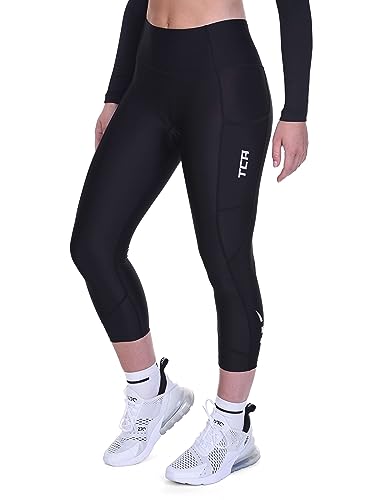 Damen 3/4 Gepolsterte Radleggings mit hoher Taille, atmungsaktive Fahrradshorts mit Taschen, rutschfest und schnelltrocknend - Schwarz, M