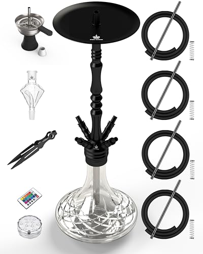 NOBLE HOOKAH HOOKAH 100cm 4 Anschlüsse Aluminium Shisha Set mit LED Licht, 4 Schläuche, Glasbase, Molassefänger