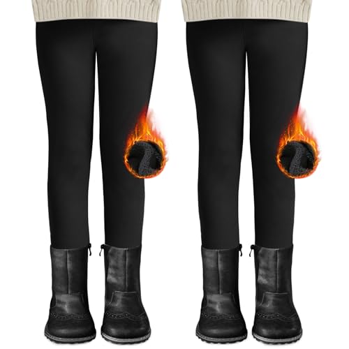 DDOBB 2er Pack Thermo Leggings Mädchen Gefütterte Winter Leggings Mit Fleece Kinder High Waist Thermounterwäsche Dicke Leggings Warm Lange Hose für Alltag(Schwarz*2, L=(134-146))