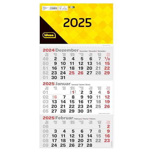 Idena 11170-3 Monatskalender 2025 in der Größe 25 x 45 cm, Wandkalender mit Schieber, 4-sprachiger Bürokalender mit Wochenzählung