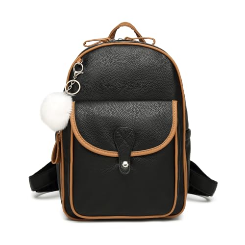 JANSBEN Damen Rucksack Klein Soft PU Leder wasserdichte Anti-Diebstahl Lederrucksack Schulrucksack Tagesrucksack Reisetasche Cityrucksack für Freizeit,Reisen,Arbeit,Schule mit Pompon