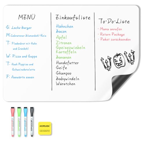 HOMiDEK Magnetisches Whiteboard Kühlschrank Magnettafel: White Board Für Menü Wochenplaner, Einkaufsliste, to do liste - Memotafel Für Büro Schule Zuhause mit 3 Markers und Radierer, 33x51cm