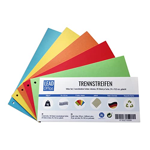 Trennstreifen, 100 Stück, 5 Farben: intensiv, 20 Stück je Farbe, 24 x 10,5 cm, gelocht, 180g/m², zum Sortieren und Trennen von Dokumenten bis DIN-A4-Format