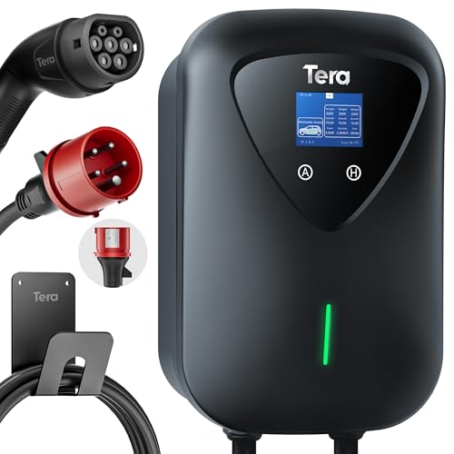 Tera EV Ladegerät Typ 2 11KW Heim-Ladestation Wallbox Ladekabel Elektroauto mit Kabelhalterung Ladekabel 3-Phasen CEE Stecker 16A 5PIN 6,5m Kabel für EVs und PHEVs Modell A04 Schwarz