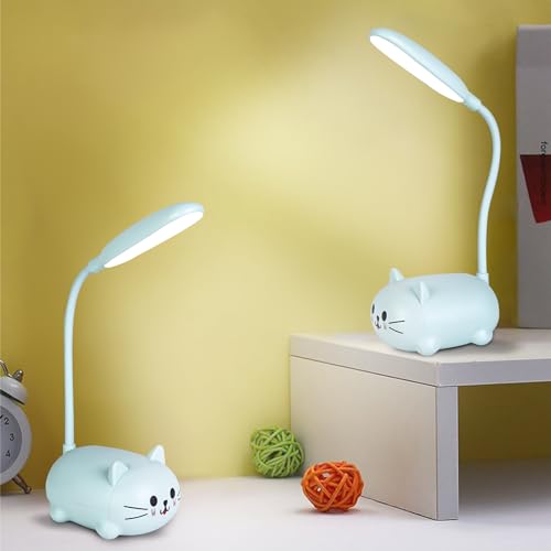 Molbory Schreibtischlampe Kinder, LED Katzen Tischlampe mit Handyhalterung, Augenschutz Leselampe, Wiederaufladbar USB Energiespar Nachttischlampe mit Flexibles Arm, Cartoon-Stil (blau Katze)