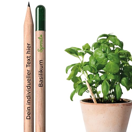 SproutWorld Personalisierte Pflanzbare Bleistifte - Nachhaltige Holzstifte mit Gravur von Logo, Text oder Emoji - Öko-freundliche Stifte für Unternehmen, Events und Hochzeiten, mit Basilikum