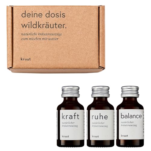 Kruut - 3er-Geschenke-Set bio Wildkräuter-Probierpaket 3 x 15ml Kraft, Ruhe & Balance - Kräuterauszug Oxymel Elixier Extrakt Sirup Regional