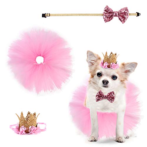 Nicoone Hund Tutu Rock Fliege Krone Hut Set,3 Stück Nette Tutu Kleider Hundekleidung Kleine Hunde,Hundeanzug Für Katzen Hunde Geburtstagsparty Geschenk