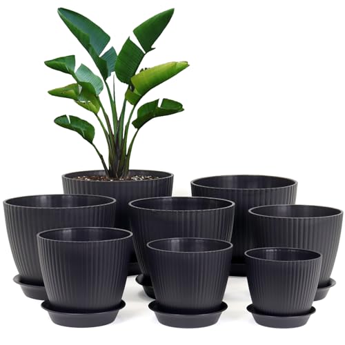 Homeuouz 8 Packs Blumentopf mit Untersetzer, 19/17.5/16.5/16/14/13/11.5/10cm Pflanzentopf, Plastik Übertopf, Hydrokultur Topf, Blumentöpfe Set Ideal für Innen und Balkongärten,Schwarz