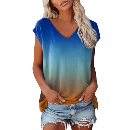 Tshirt Teenager Mädchen, Damen Sommer Oberteile, Tee Shirt Ärmellos Rundhalsausschnitt Shirt Drucken Basic Tops Locker Beiläufig Blusen Luftige Leichte Longshirt Versatile