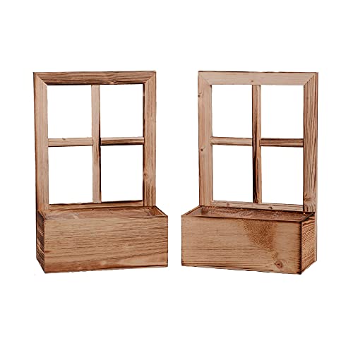 UNUS Deko Fenster aus Holz mit Blumenkasten, Fensterrahmen im Vintage Design, rechteckig… (2 Stück, Geflammt)