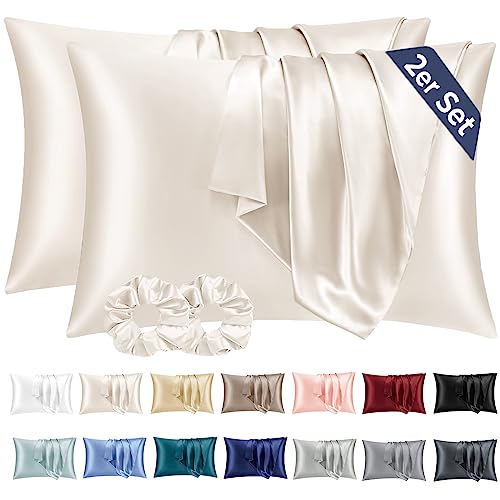 Vielit 2er Set Satin Kissenbezug 40 x 80 Beige, Weich wie Seidenkissenbezug 40x80,Bessere Pflege als Silk Pillosecase,Satin Kopfkissenbezug Kissenhülle für Haar und Haut mit 2 Haargummis