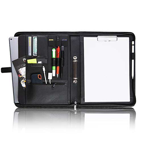 Vebon® Schreibmappe Ringbuch A4"Paris" I Reißverschluss + Klemmbrett I Dokumentenmappe + Laptoptasche I extra Stauraum I Kunstleder I Schwarz