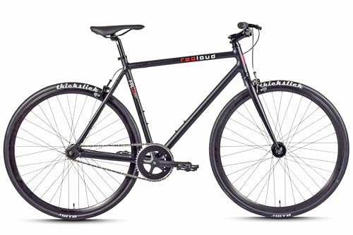 REDLOUD Singlespeed Fixie Fitnessbikes FA.01 Flip-Flop-Nabe Aluminium Fahrrad 28 Zoll 10 kg Leichtes Urban Bike Stadtbike Fahrradrahmen H: 58 cm 1 Gang-Schaltung Damen Herren Single Speed-01 Schwarz
