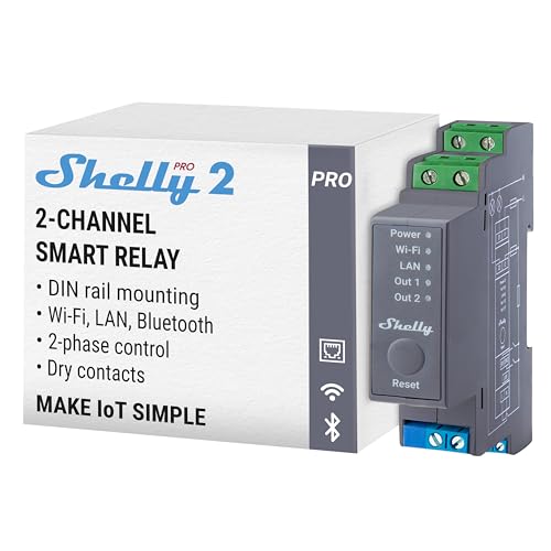 Shelly Pro 2-2-Kanal DIN-Schienen Relais Schalter mit WLAN, LAN & Bluetooth-Verbindung - 25A | Alexa & Google Home | iOS Android App | Lichtsteuerung | Fernsteuerung für motorisiertes Ventil