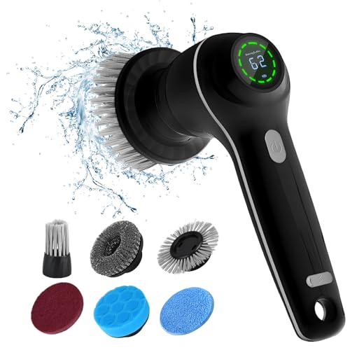 CkeyiN Elektrische Reinigungsbürste, Kabelloser Fugenreiniger mit 7 Austauschbaren Bürstenköpfen für Bad Auto und Küche, Handheld Power Spin Scrubber Fugenbürste Mit LED Anzeige, 2 Modi, Schwarz