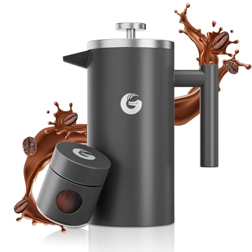 Coffee Gator French Press Kaffeemaschine - 1 L, Doppelt Isolierte Edelstahl-Brühmaschine plus Reisebehälter, Tragbare Heiß-Kalt-Brüh-Cafetera-Teekanne für Kaffeebar Küche Camping, Grau