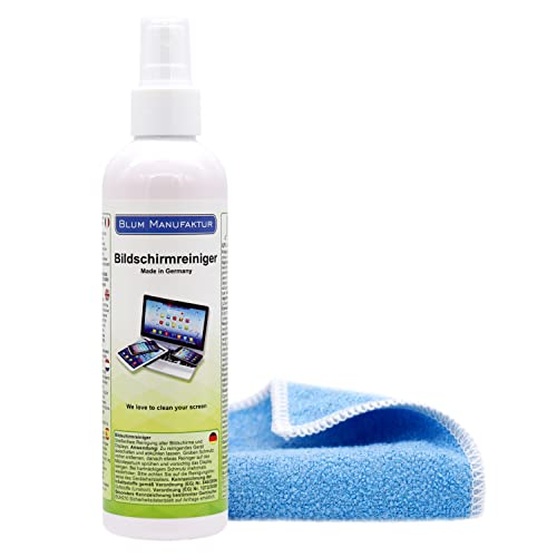 BLUM MANUFAKTUR 250ml Bildschirmreiniger + 30x30 cm Mikrofasertuch - Screen Cleaner - Display Reiniger - Absolut streifenfreie Reinigung von Handy, Laptop, PC, TV