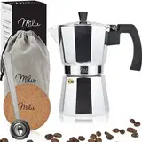 Milu Espressokocher (No Induktion) | 2, 3, 6, 9 Tassen | Aluminium Mokkakanne, Espressokanne, Espresso Maker Set inkl. Untersetzer, Löffel, Bürste (Aluminium, 3 Tassen (150ml)