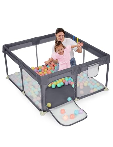 Dripex Laufstall Baby 127x127cm, Laufgitter baby mit atmungsaktivem Netz, Baby Laufstall mit Reißverschlusstür, Kinder laufgitter, Kleines Laufstall, Dunkelgrau