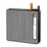 Shengxi Zigarettenbox Zigarettenetui mit Feuerzeug, Zigarettenschachtel Kunststoff mit Elektronisches Feuerzeug Flammenlose, Silber Zigaretten Kasten für Zigaretten USB Laden (20 Zigaretten)