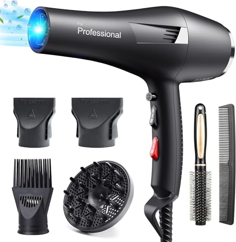 HappyGoo Professioneller Ionen-Haartrockner 2400 W Phone mit 1 Diffusor, 4 Styling-Düsen, 2,5 m langes Stromkabel, starkes Phon für die Familie, Haarsalon, Frisuren, schwarz