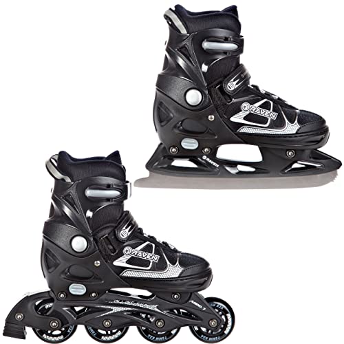 Inline Skates Inliner Raven Spirit verstellbar optional als 2in1 Inlineskates/Schlittschuhe (Black/White mit Kufen, 37-40(23,5cm-26cm))