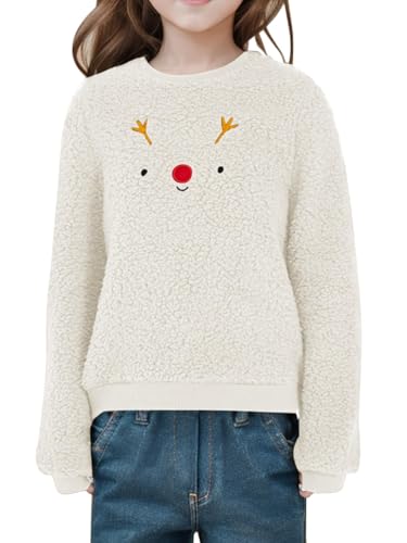 Haloumoning Mädchen Weihnachtspullover Niedlich Rentier Print Weihnachten Sweatshirts Kinder Herbst Winter Rundhalsausschnitt Kleidung Oberteile Beige, 6-8 Jahre