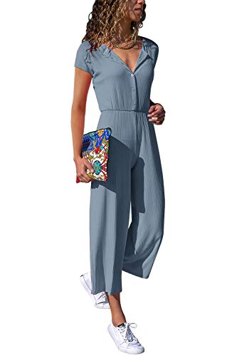 Cassiecy Jumpsuit Damen Elegant Kurzarm Playsuit V-Ausschnitt Casual Lose Overalls Lang Romper (ZY2-Blau,M)