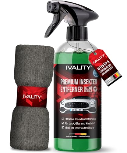 IVALITY® Insektenentferner Auto löst effektiv hartnäckige Insektenrückstände - Insektenreiniger für Auto, Wohnmobil & Motorrad - Flugrostentferner - 750ml (Insektenentferner + Tuch)