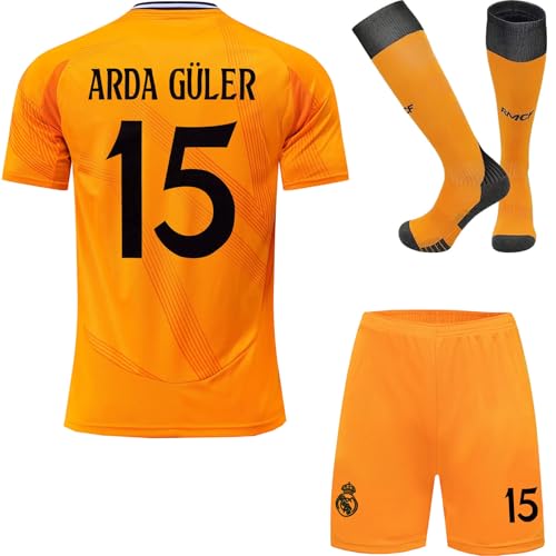 DMDMK R.Madrid Guler #15 2024/2025 Auswärtstrikot Shorts und Socken Kinder und Jugend Größe (Orange, 30 (12-13 Jahre))