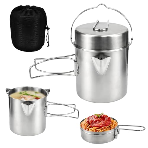 LANSKYLAN Camping Topf 1L Edelstahl Kochgeschirr Set 2 Personen Kochtopf Camping Campinggeschirr Outdoor Picknick Topf Tragbarer Camping Topf Pfanne Set für Picknick Backpacking Camping Wandern