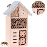 Smart-Planet Stabiles Insektenhotel Naturbelassenes Bienenhotel aus Holz - wetterfestes Insekten Hotel mit Metalldach 15x9x26cm - für Garten und Hof