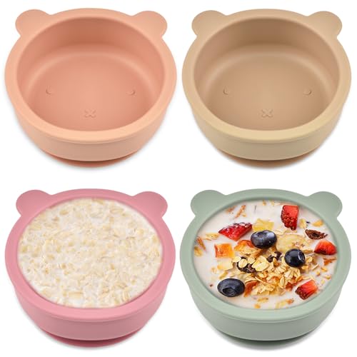 GOMETY 4 Stück Silikon Baby Schüssel, 113x125x54mm Baby Rutschfest Breischale mit Saugnapf, Kleinkinder Futter Entwöhnungsschale Anti-Fall BPA-frei für Spülmaschine Mikrowelle(4 Farben)