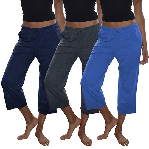 Sexy Basics Damen-Loungehose aus Baumwolle, 3er-Pack, Caprihose, Yoga-Stil, mit Kordelzug, 3er-Pack, Marineblau/Denim/Anthrazit, Medium