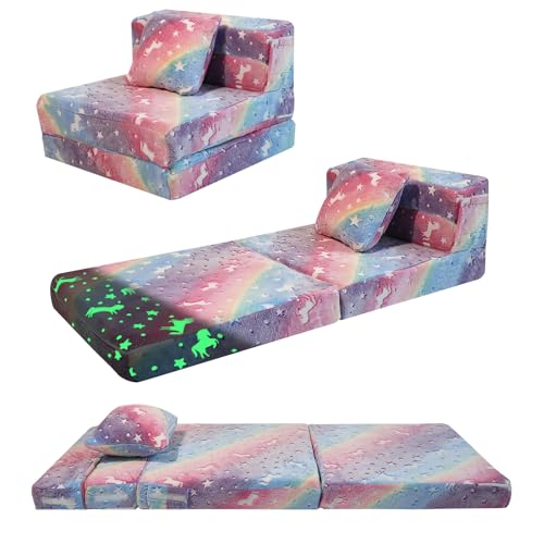 MeMoreCool Spielsofa Kindersofa, Glow-Kinder Sofa, Kinder-Klappsofa, Flip-Sofa Kindercouch Kindersofa, Z-Bett, kindersofa ausklappbar, Bodenbett, Klappcouch für Spielzimmer, Einhorn