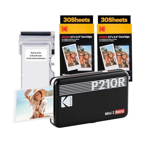 KODAK Mini 2 Retro 4PASS Mobiler Fotodrucker (5,3x8,6cm) - Paket met 68 Blatts, Schwarz