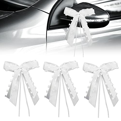 Aohcae 30 Stück Autoschmuck Hochzeit, Autoschleifen Hochzeit Hochzeitsdeko Auto Hochzeitsschmuck Auto Autoschleifen Schleifenband Weiß mit Herzen, Weihnachtsschleifen für Hochzeits