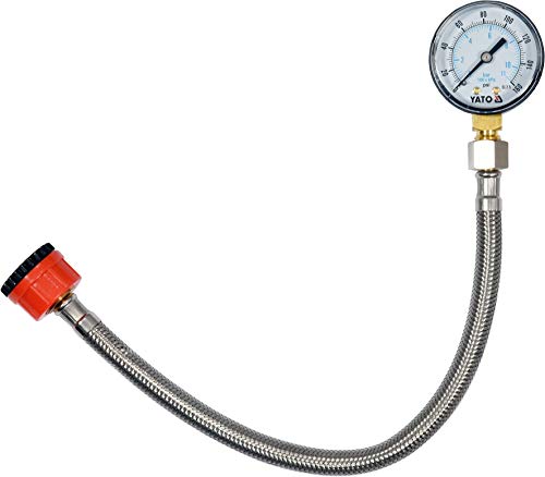 YATO Profi Wasserdruckmesser mit Manometer und Edelstahlschlauch, 3/4 und 1/2 Zoll Außengewinde, 30 cm geflochtener Edelstahl-Schlauch, max. 11 bar, Wasser Druck Prüfer Manometer Druckprüfung