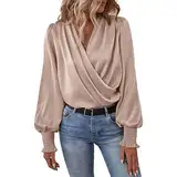 Festliche Blusen Damen Langarm V Ausschnitt Elegante Oberteile Plissee Laternenärmel Langarmshirt Chiffon Bluse Tunika Shirt Party Oberteil Tops Vintage Longshirt Lässige Hemd Hemdbluse Longbluse