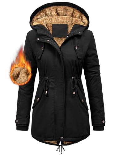 CMTOP Winterjacke Damen Warm Wintermantel Gefüttert Parka Winter Damen-jacken Lang Dicke Mantel mit Kapuze Herbst Winter Jacke mit Taschen, Kordelzug(Schwarz, S)