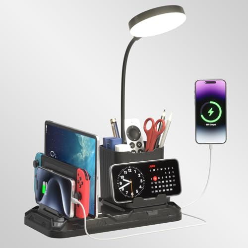 KDD Schreibtischlampe LED Dimmbar mit USB A&C Ladeanschluss - Tischlampe mit Stift & Handyhalterung - 360° Schwanenhals Nachttischlampe mit Ladefunktion & Geräteschlitz für Zuhause Büro Wohnheim