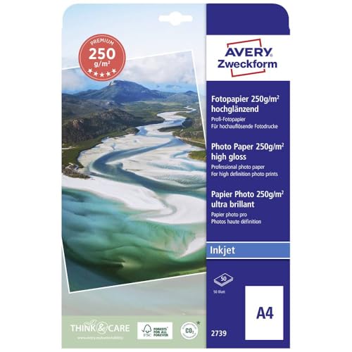 Avery Zweckform Art. 2739 Premium Inkjet Fotopapier (50 Blatt, 250 g/m², DIN A4, hochglänzende Fotokarten, einseitig beschichtet, sofort trocken & wischfest, Fotoblätter für Inkjet-Drucker) weiß