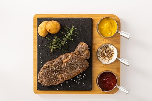 Susable-BBQ Servierbrett mit 1 Lavasteinplatte & 3 Edelstahl Saucen Schüsseln - perfekt als Grillbrett, Steakbrett, Grill Zubehör und Geschenk für Steak, Burger & Sushi