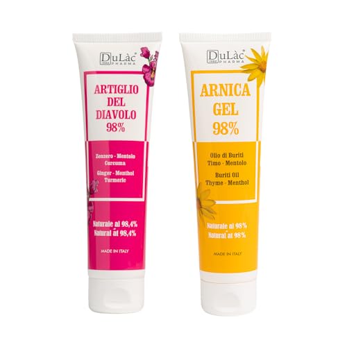 Dulàc - Set Arnika Gel 100ml + Teufelskralle Gel 100ml 98% Arnika Salbe Hochdosiert und Teufelskralle Salbe in einem kompletten Set für Muskeln und Gelenke, Extra Stark, Made in Italy