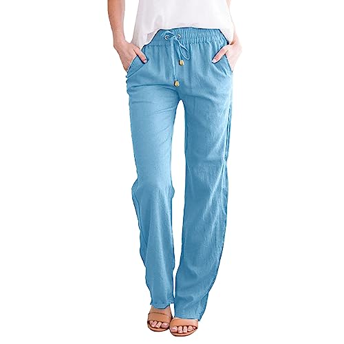 Solide gerade Hose, Taille und lang, leger, elastischer Kordelzug, Baumwollhose, Kleid, Sweatpants für Damen, hellblau, XL