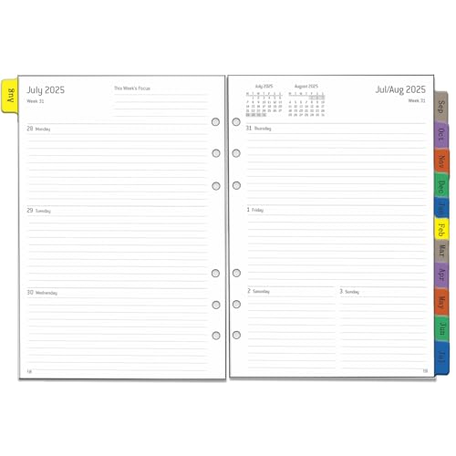 2025 2026 Wochenplaner Einlage A5 6 Löcher, Englisch, 1 Woche 2 Seiten mit Tabs, Extra Notizen Kontakt, von Aug.25 bis Jul.26, 100 gsm, Nachfüllpapier für Kalender 2025 2026 Planer