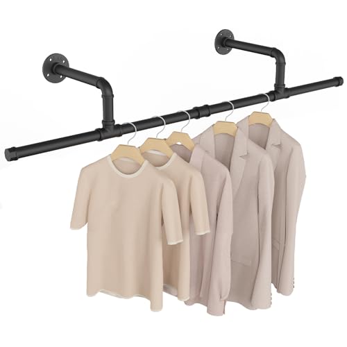 Yawinhe Industrierohr Kleiderstangen, 121cm Kleiderständer für die Wand, Rustikale Kleideraufbewahrung, Platzsparenders Wandregal Küchenregal, für kleine Zimmer,1-Pack,Schwarz